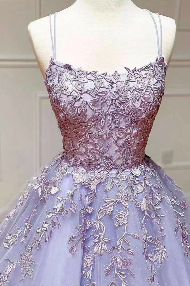 Lilac A-Line Evening Dress with Tulle and Spaghetti-Straps Appliques