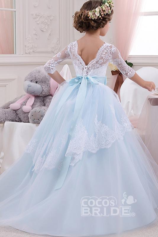 Scoop Neck 3/4 Sleeves Ball Gown Flower Girls Dress with Lace