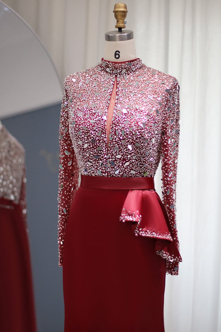 Glamorous Red Jewel Neck Mermaid Prom Dress with Sparkle Sequins and Long Sleeves