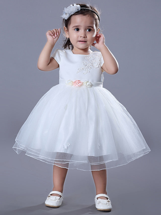 Short Sleeve Jewel Ball Gown Flower Girl Dress Satin Tulle With Beadings Embroidery