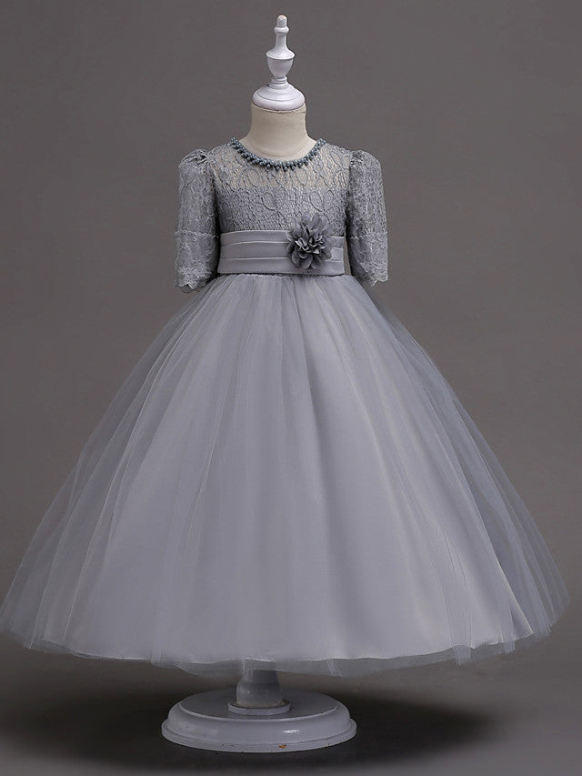 Half Sleeve Lace Jewel Neck Flower Girl Dresses with Satin Tulle Belt and Beading