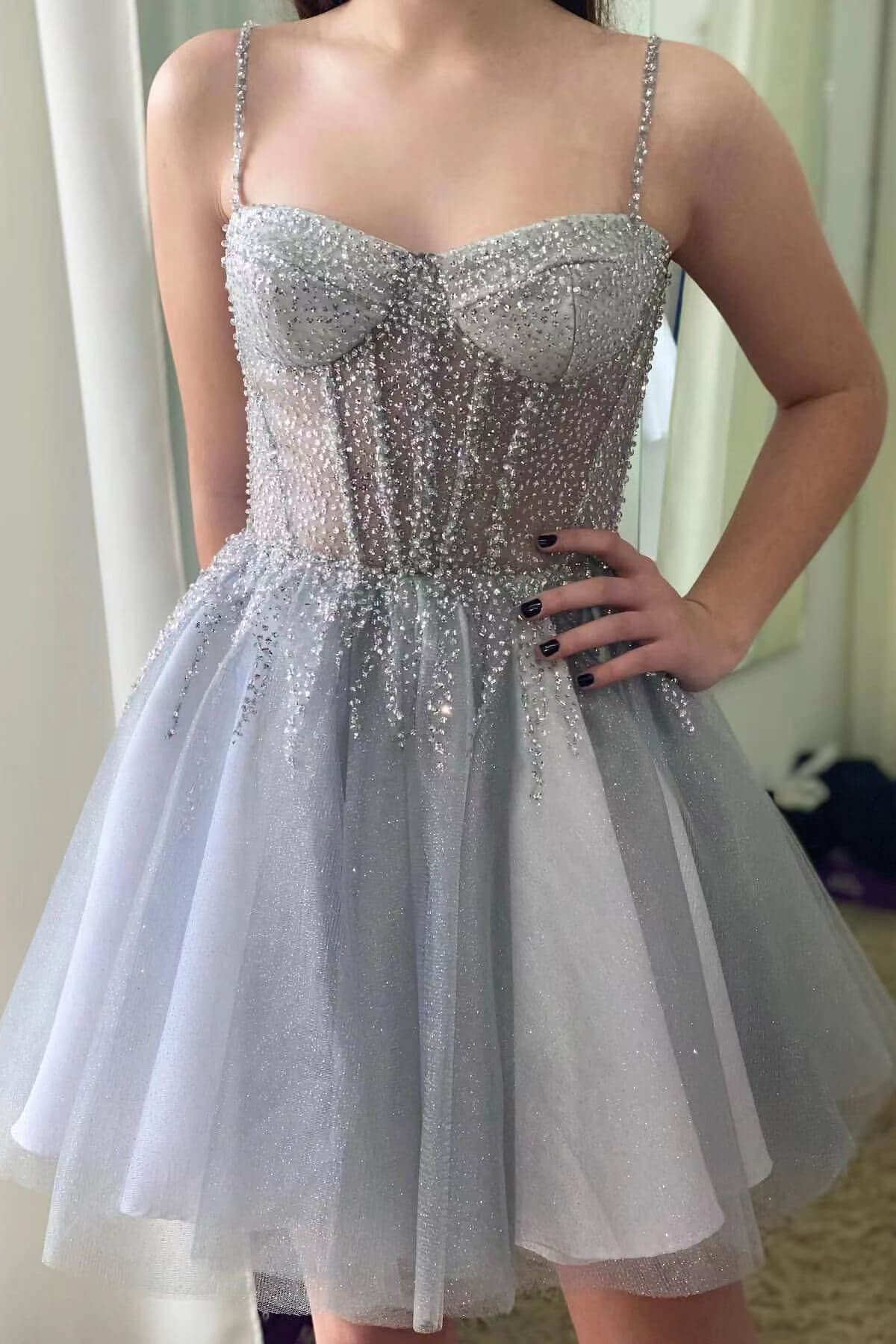 Silver Gray Short Tulle Prom Dress with Sequins