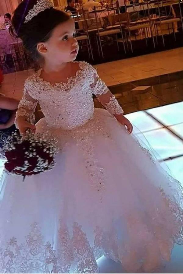 Cute Long Sleeve Ball Gown Flower Girl Dress with Lace Appliques