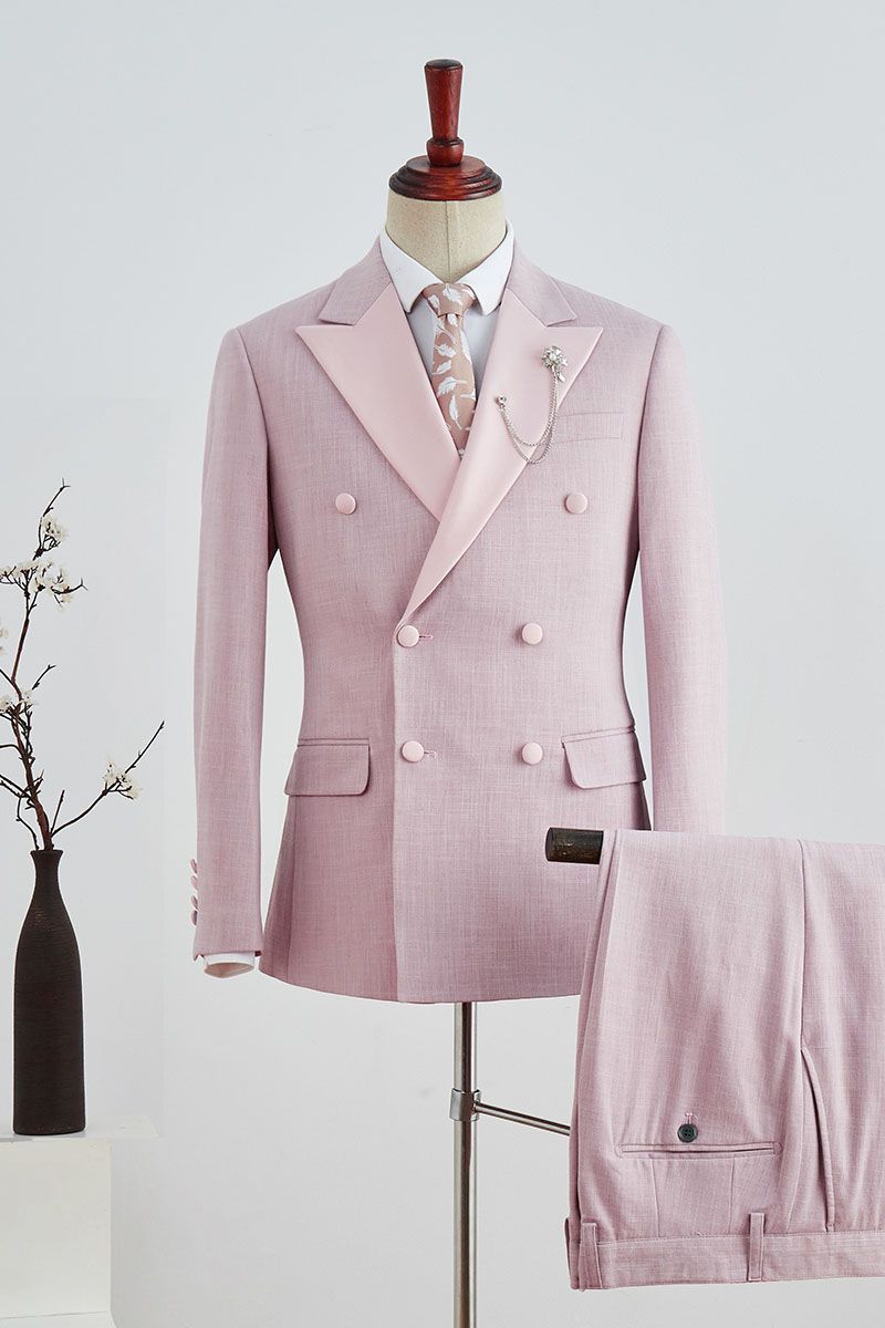 Simple Double Breasted Pink Plaid Peaked Lapel Marriage Suit