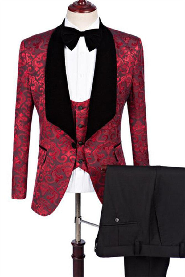 Three Piece Ruby Flower Jacquard Prom Business Suit