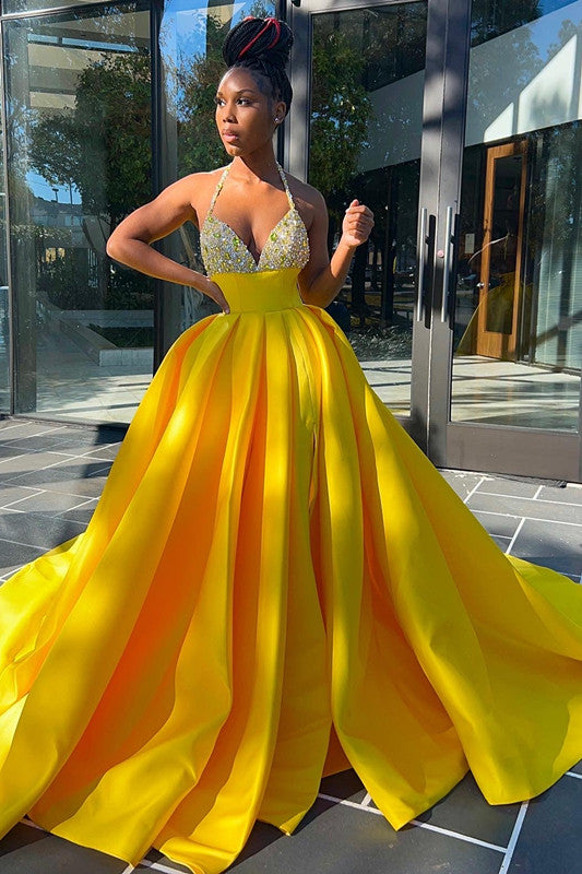 Glamorous Yellow Sequins V-Neck A-Line Prom Dress  Sleeveless With Split