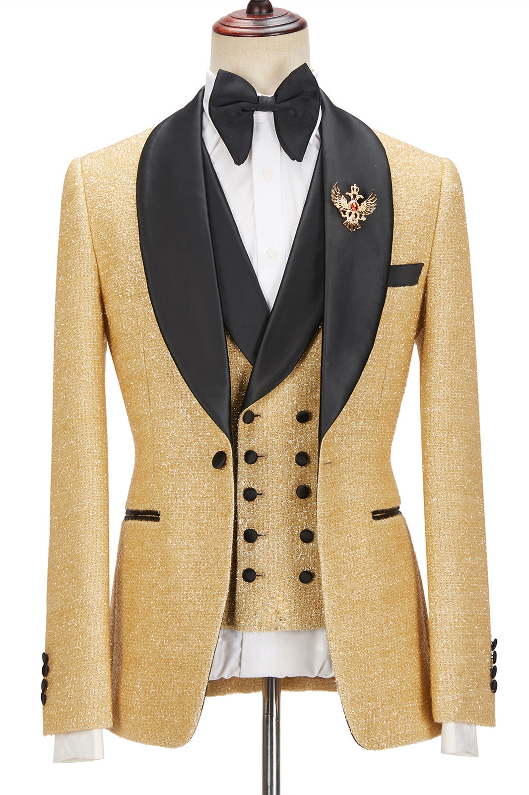 Andrew Sparkly Golden Shawl Lapel Three Piece Men Suits For Wedding