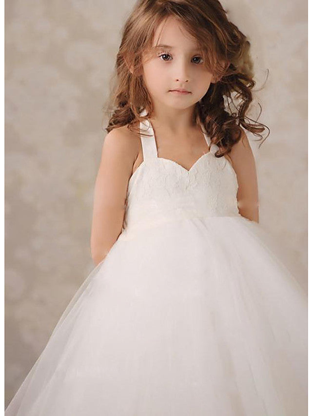 Sleeveless Jewel A-Line Flower Girl Dress Tulle with Lace