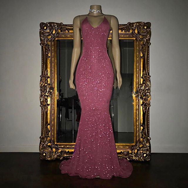 Elegant V-Neck Halter Mermaid Evening Dress with Sequins