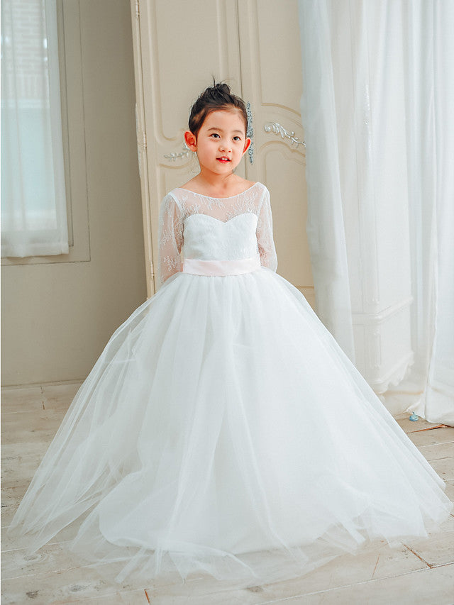 Long Sleeve Flower Girl Dress with Lace Tulle and Bows Belt