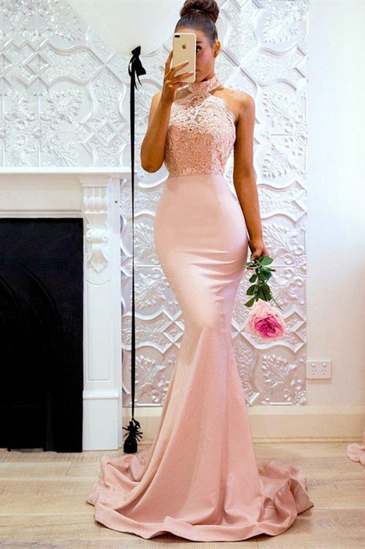 Hot High Neck Lace Prom Dress Mermaid