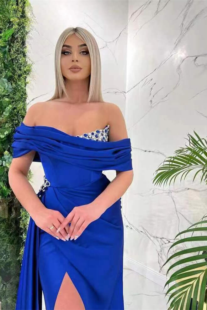 Royal Blue Mermaid Split Prom Dress With Ruffles Off-The-Shoulder