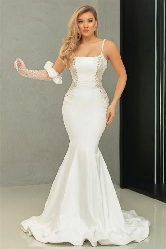 Mermaid Charmeuse Lace Applique Spaghetti-Strap Wedding Dress