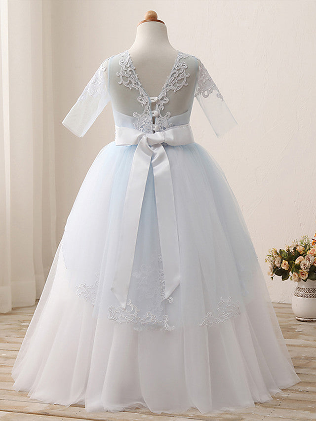 Short Sleeve Jewel Neck Flower Girl Dresses with Lace Tulle Appliques Crystals and Rhinestones