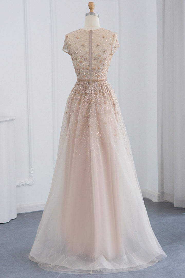 Glamorous Jewel Neck A Line Evening Dress with Tulle Appliques and Sequins