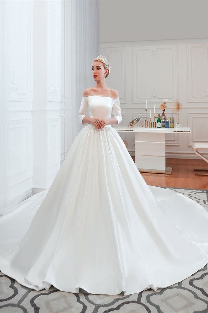 Half-Sleeves Satin Off-the-Shoulder Wedding Dress