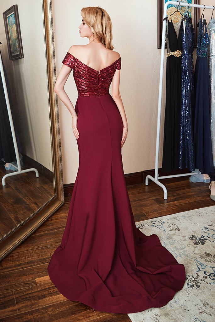 Burgundy Off-the-Shoulder Sequins Prom Dress Mermaid