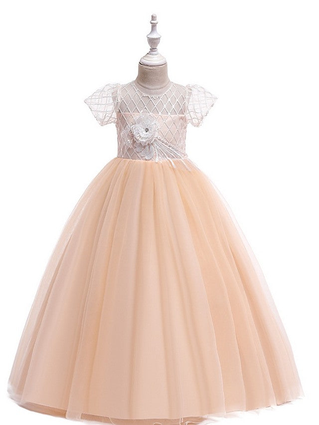 Flower Girl Dress with Bow Appliques - Short Sleeves Ball Gown Floor Length