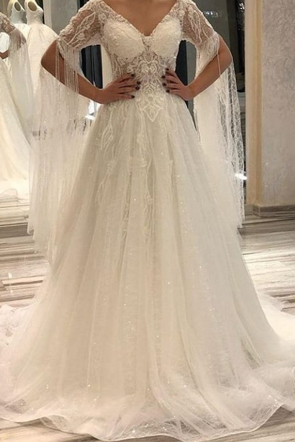 Luxurious A-Line Deep V-neck Short Sleeves Backless Floor-length Wedding Dress with Appliques Lace and Pearls