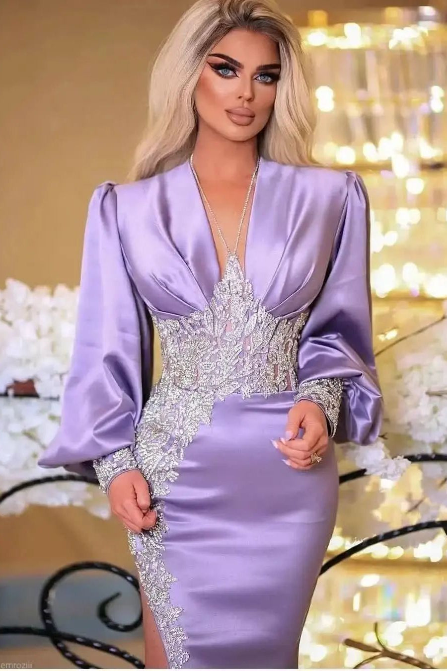 Lilac Long Sleeves Mermaid Prom Dress With Appliques and Online Split