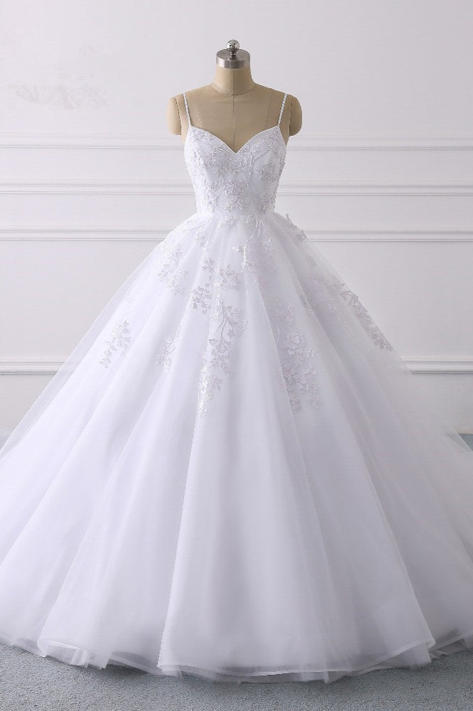 Glamorous Spaghetti-Straps V-Neck Tulle Wedding Dress with Appliques Lace