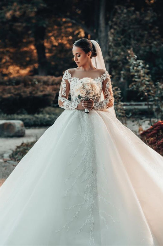 Elegant Lace Off-The-Shoulder Ball Gown Wedding Dress