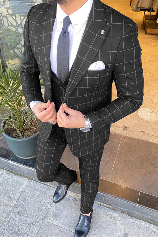 New 3-Piece Plaid Peaked Lapel Suit for Men - Black