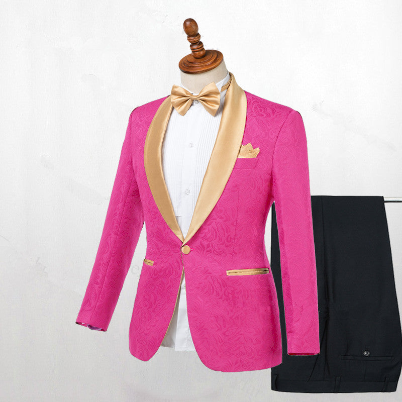 One Button Pink Gentle Tuxedo Jacquard Wedding Suit For Men