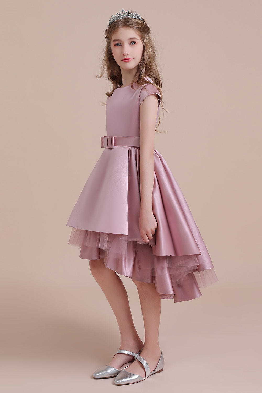 Lovely A-line Satin Hi-Lo Dusty Pink Flower Girl Dress with Cap Sleeves