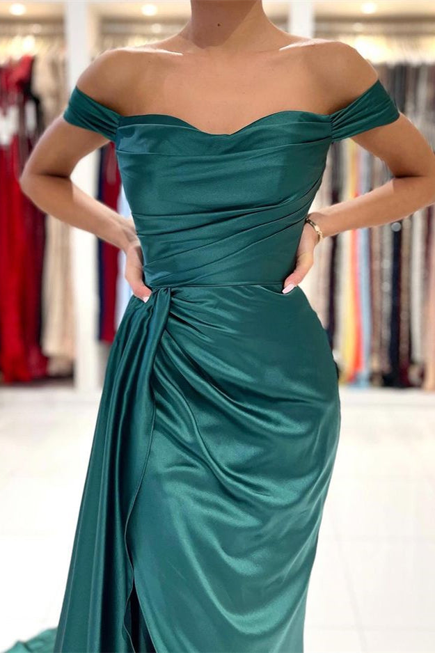 Mermaid Dark Green Off-the-Shoulder Prom Dress Split With Ruffles