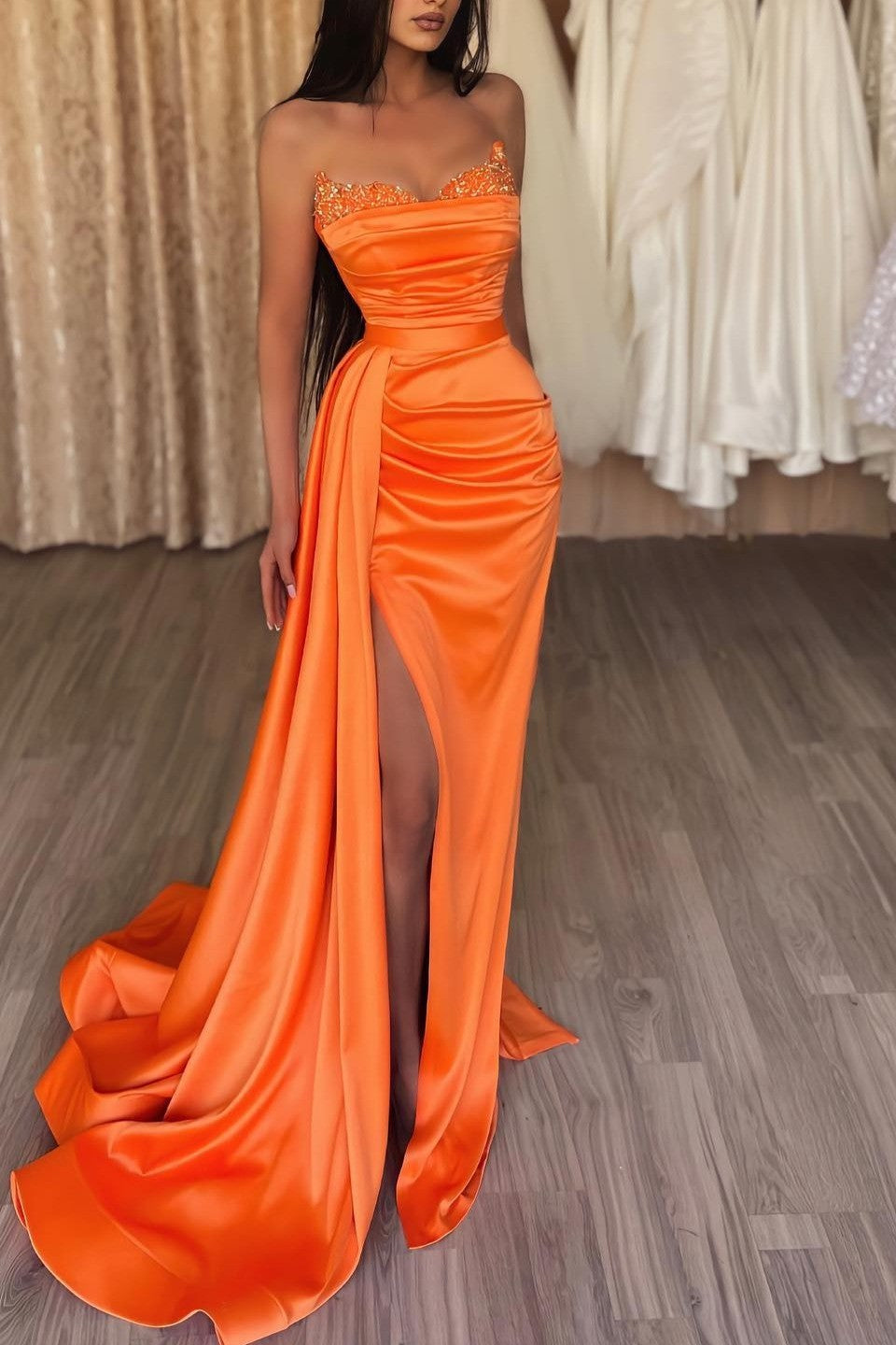 Orange Strapless Split Long Mermaid Prom Dress with Ruffles