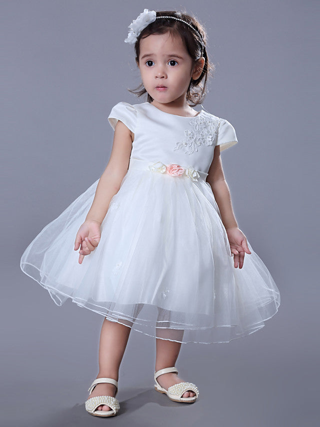 Short Sleeve Jewel Ball Gown Flower Girl Dress Satin Tulle With Beadings Embroidery