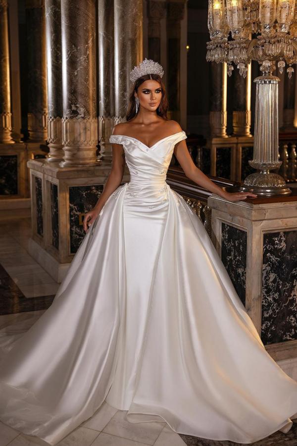 Gorgeous A-Line Satin Wedding Dress with Off-The-Shoulder Sweetheart, Backless, and Ruffles Appliques