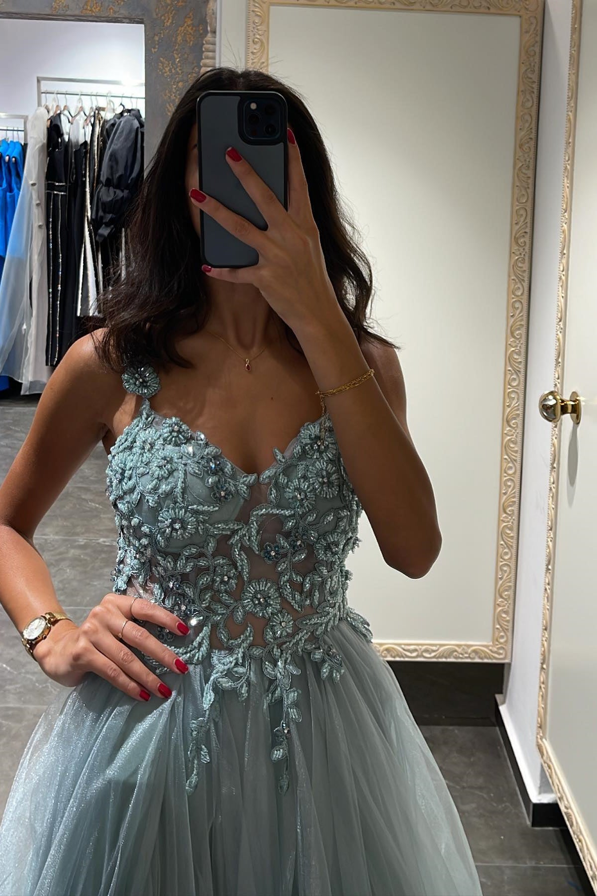 Mermaid Appliques Prom Dress with Beadings and Elegant Spaghetti-Straps