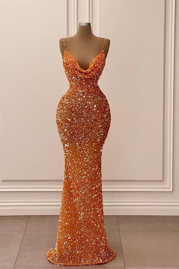 Orange V-Neck Spaghetti-Straps Long Mermaid Prom Dress with Sequins