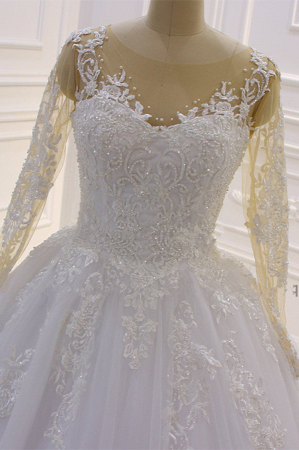 Gorgeous Bateau Long Sleeves Lace A-Line Wedding Dress with Pearl Tulle Appliques