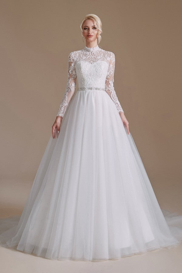 High Neck Long Sleeves Modest A-line Wedding Dress with Tulle Lace