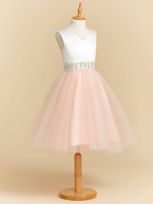 Satin Tulle Ball Gown Flower Girl Dress with V Neck and Sash Ribbon Crystals