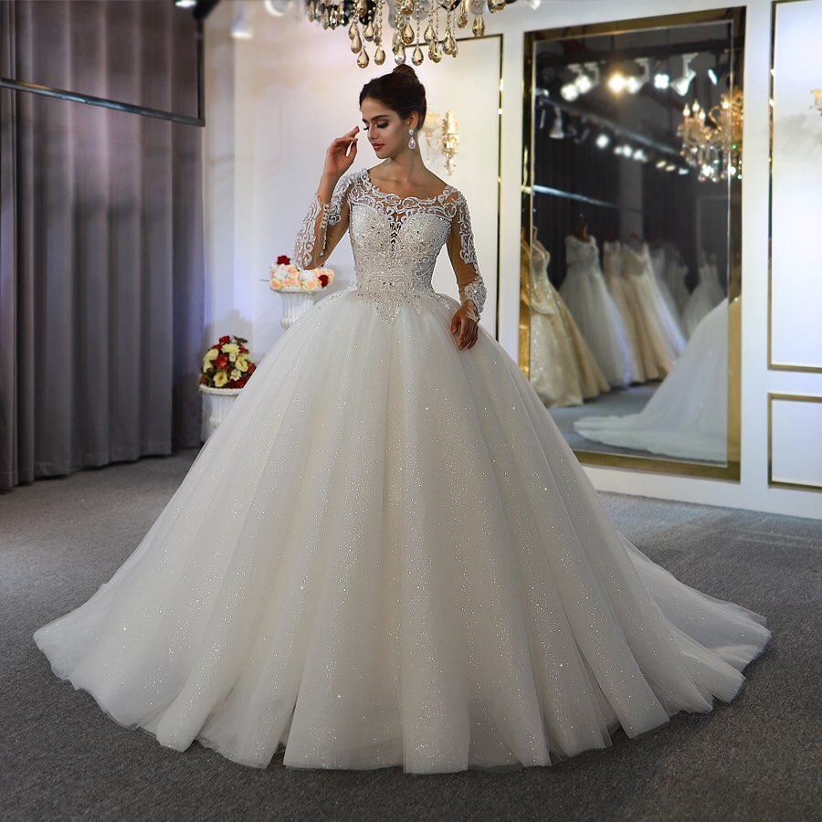 Gorgeous A-Line Bateau Long Sleeves Wedding Dress with Appliques Lace Sequins