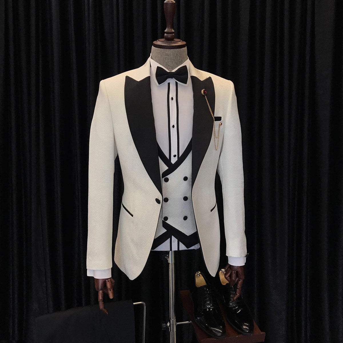 White Three Pieces Wedding Men Suits with Black Peaked Lapel by Antony Fashion