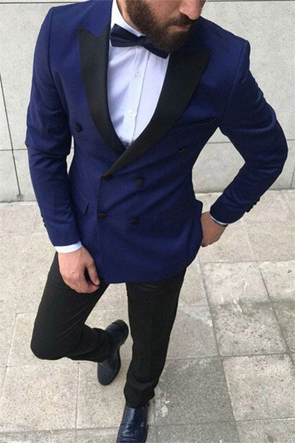 Double Breasted Navy Blue Peaked Lapel Prom Suits for Guys