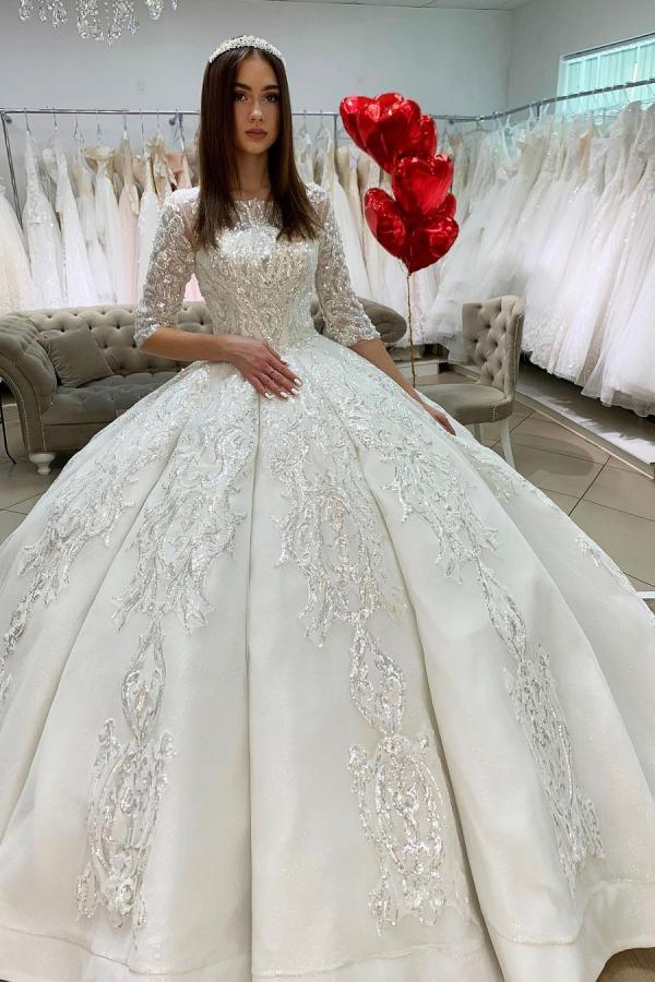 Gorgeous Bateau Satin Princess Wedding Dress With Appliques Lace