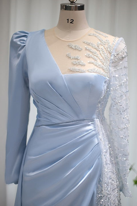 Glamorous Baby Blue A Line Prom Dress with Sparkle Sequins & Ruffles