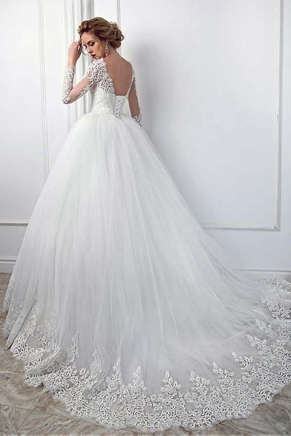 Gorgeous Ball Gown Long Sleeves Jewel Wedding Dress With Tulle Lace