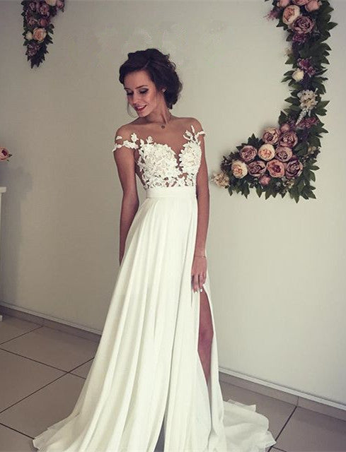 Elegant A-Line Chiffon Lace Wedding Dress With Side Slit Appliques and Ruffles