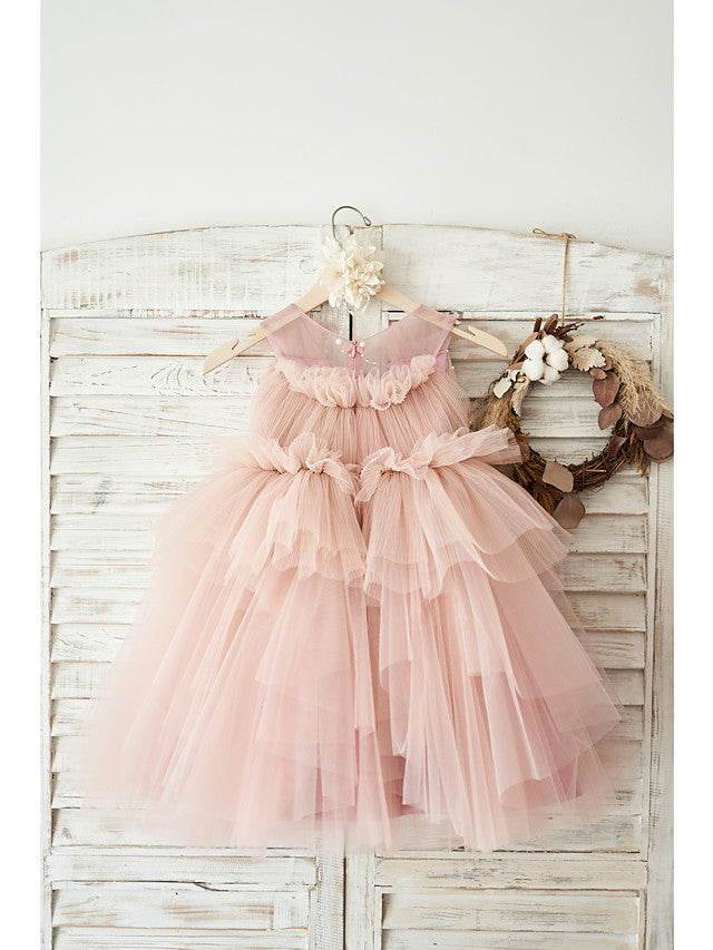 Elegant Sleeveless V Neck Ball Gown Knee Length Flower Girl Dress with Tulle and Pearls Belt