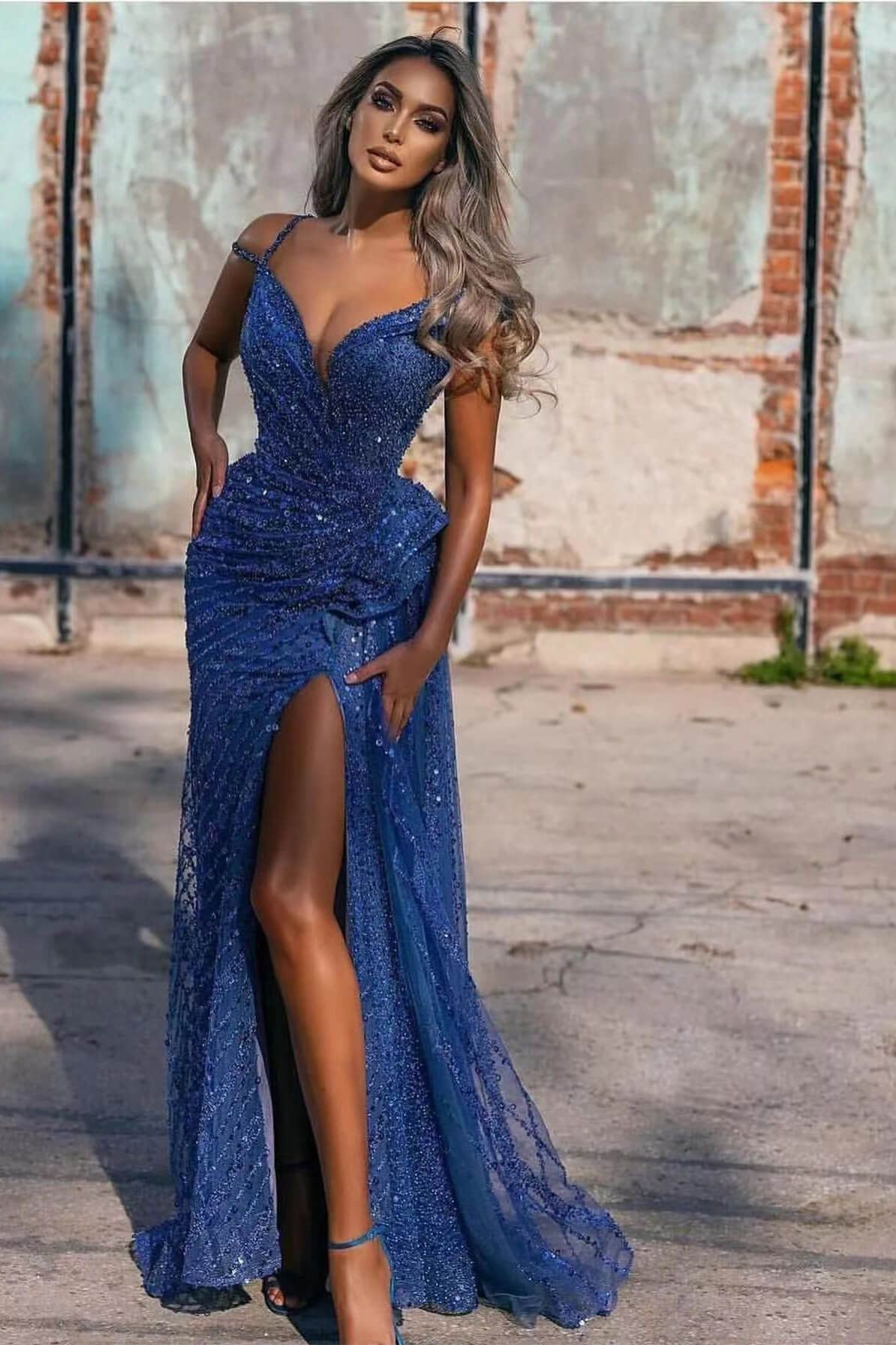 Royal Blue Off-The-Shoulder Evening Dress with Split Mermaid Sequins