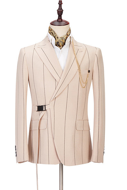 Morden Bespoke Light Champagne Suit w/ Striped Reception Peaked Lapel