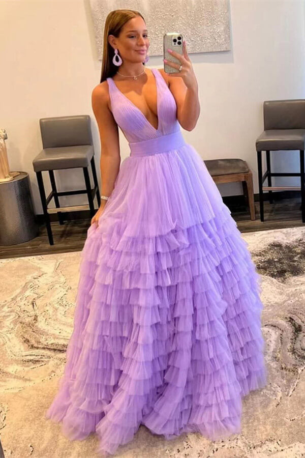 Elegant V-Neck Lilac Tulle Prom Dress With Sleeveless