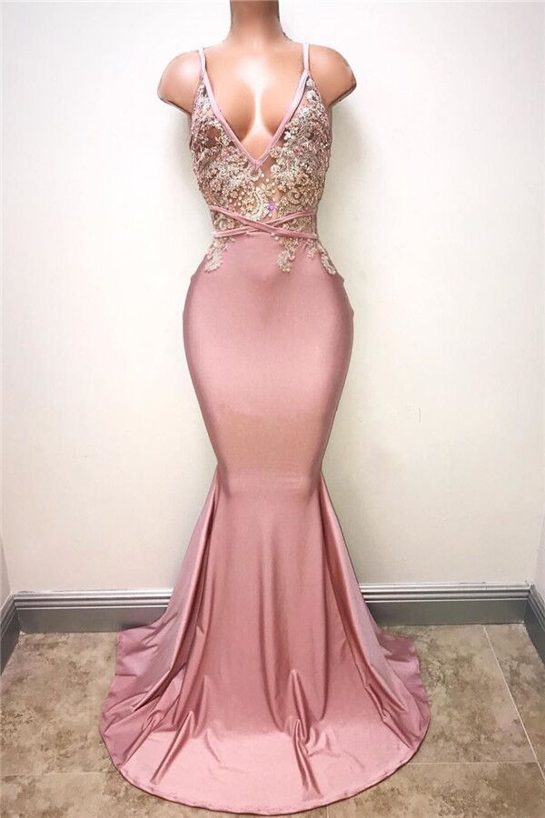 Glamorous Pink Spaghetti-Straps Long Mermaid Prom Dress With Lace Appliques